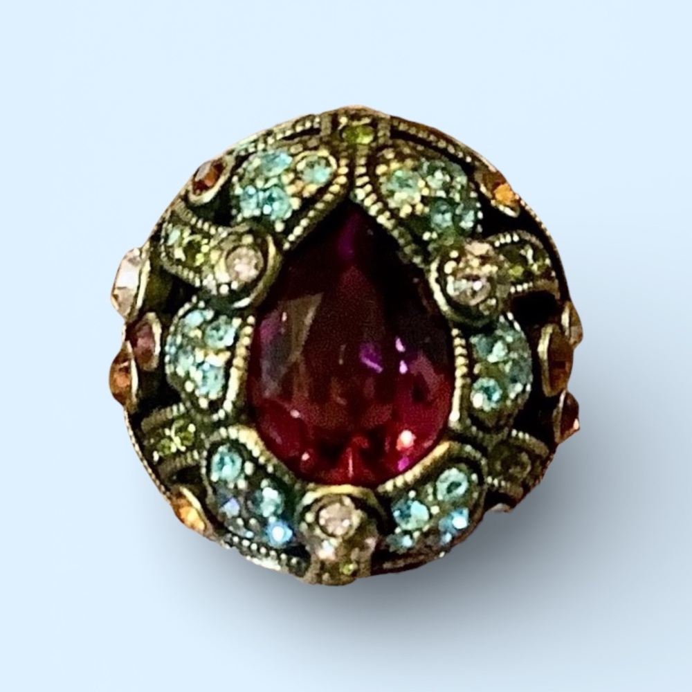 Heidi Daus. Purple Amethyst Multicolored Teardrop Crystal Statement Ring. Sz. 8 - Picture 2 of 7